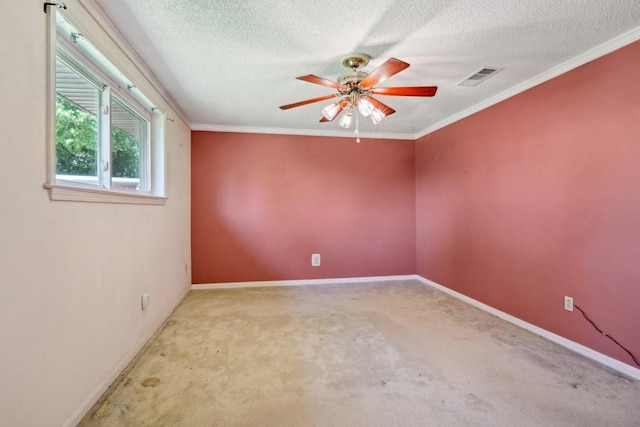 1400 Velma St, Metairie, LA 70001 - unfurnished room featuring carpet floors, a textured ceiling, ceiling fan, baseboards, and crown molding