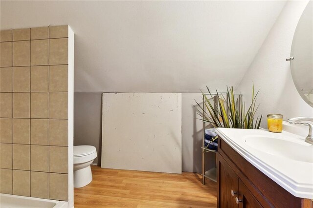 4321 San Remo Rd, New Orleans, LA 70129 - bathroom with vanity, wood finished floors, toilet, lofted ceiling, and a shower