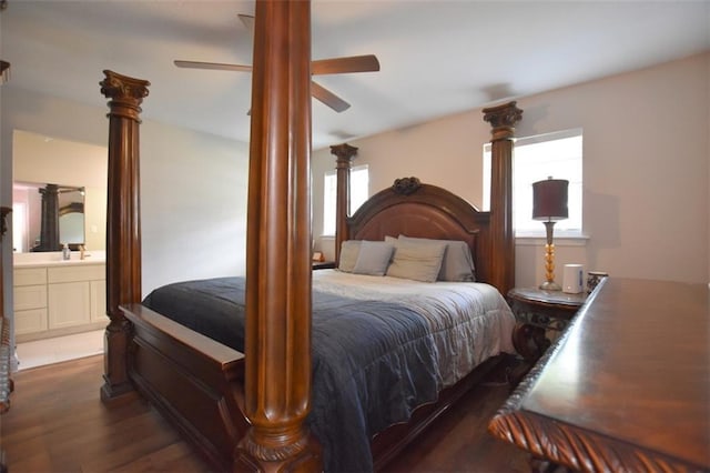 206 Loop Dr, Slidell, LA 70458 - bedroom featuring wood finished floors, ensuite bathroom, and ceiling fan