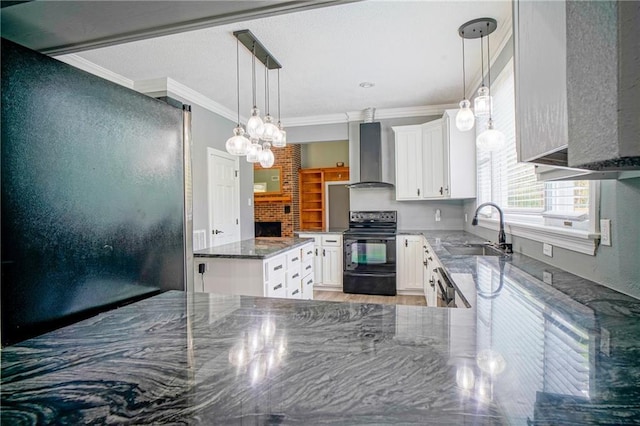 115 Devereux Dr, Slidell, LA 70461 - kitchen with black / electric stove, a sink, wall chimney exhaust hood, ornamental molding, and dark stone counters