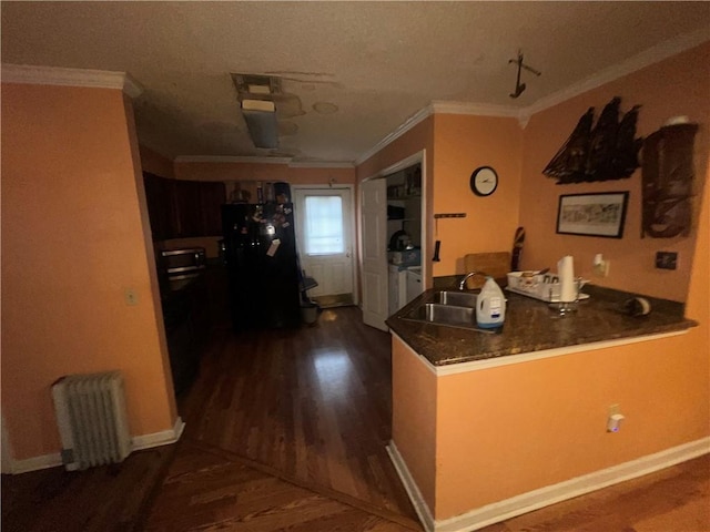 3034 Clouet St, New Orleans, LA 70126 - kitchen with radiator heating unit, a sink, dark wood-style flooring, crown molding, and freestanding refrigerator