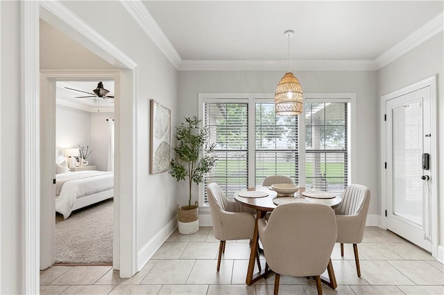 103 Lac Cypriere Dr, Luling, LA 70070 - dining space featuring light tile patterned flooring, crown molding, baseboards, and ceiling fan