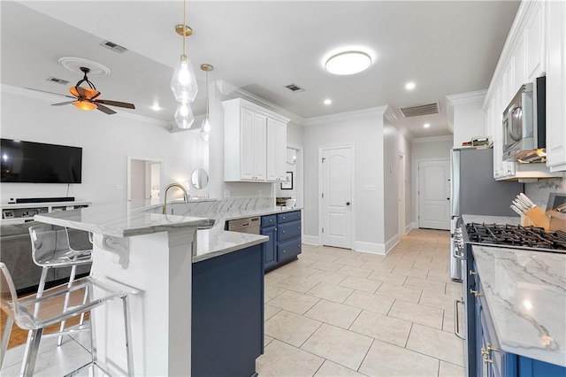 103 Lac Cypriere Dr, Luling, LA 70070 - kitchen with blue cabinets, stainless steel appliances, ornamental molding, a sink, and ceiling fan