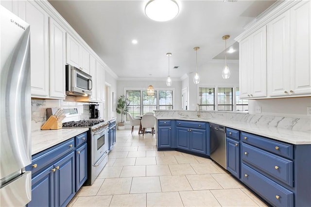 103 Lac Cypriere Dr, Luling, LA 70070 - kitchen with appliances with stainless steel finishes, blue cabinetry, crown molding, white cabinets, and a sink