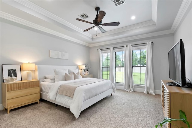 103 Lac Cypriere Dr, Luling, LA 70070 - bedroom featuring a raised ceiling, light colored carpet, crown molding, ceiling fan, and baseboards