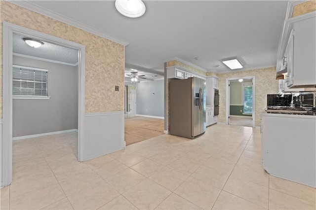6242 Antioch Blvd, Baton Rouge, LA 70817 - kitchen with stainless steel refrigerator with ice dispenser, wallpapered walls, ornamental molding, light tile patterned floors, and ceiling fan