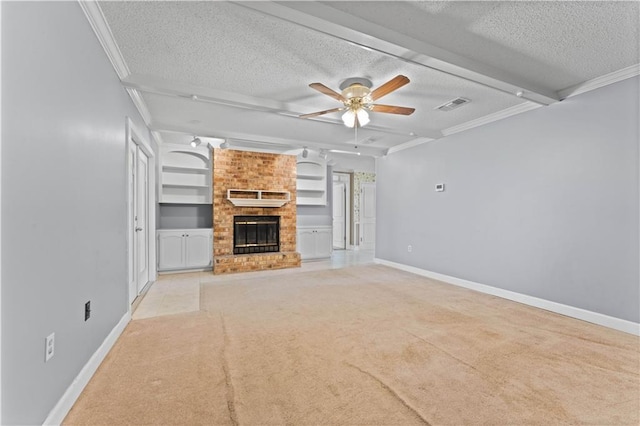 6242 Antioch Blvd, Baton Rouge, LA 70817 - unfurnished living room featuring a ceiling fan, a textured ceiling, light colored carpet, a fireplace, and ornamental molding