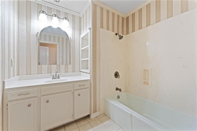 6242 Antioch Blvd, Baton Rouge, LA 70817 - full bath featuring wallpapered walls, washtub / shower combination, tile patterned flooring, crown molding, and vanity