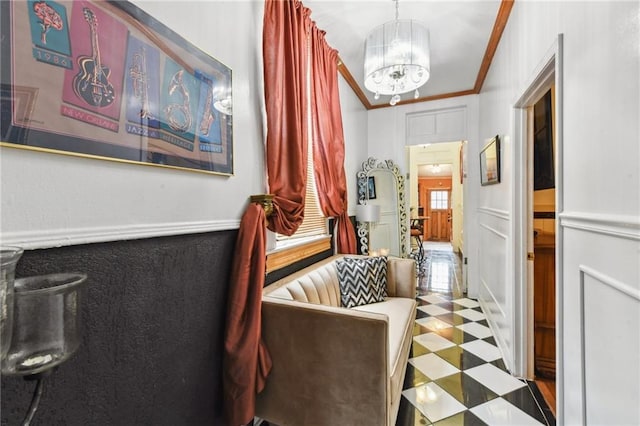 309 Diana St, New Orleans, LA 70114 - hall featuring a chandelier, ornamental molding, tile patterned floors, and a decorative wall