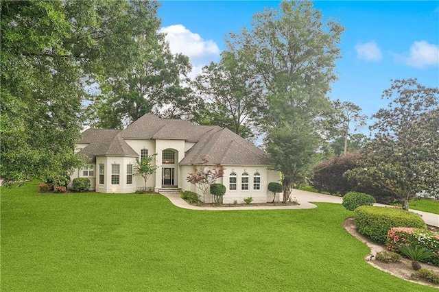 733 Plantation Dr, Abita Springs, LA 70420 - french country style house with a front lawn, stucco siding, and roof with shingles