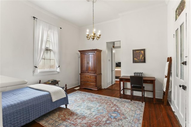 2728 Bell St, New Orleans, LA 70119 - bedroom with a chandelier, ornamental molding, wood finished floors, and baseboards