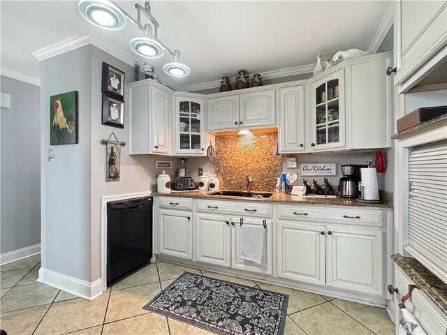 4153 W Loyola Dr, Kenner, LA 70065 - kitchen with black dishwasher, a sink, crown molding, light tile patterned flooring, and white cabinets