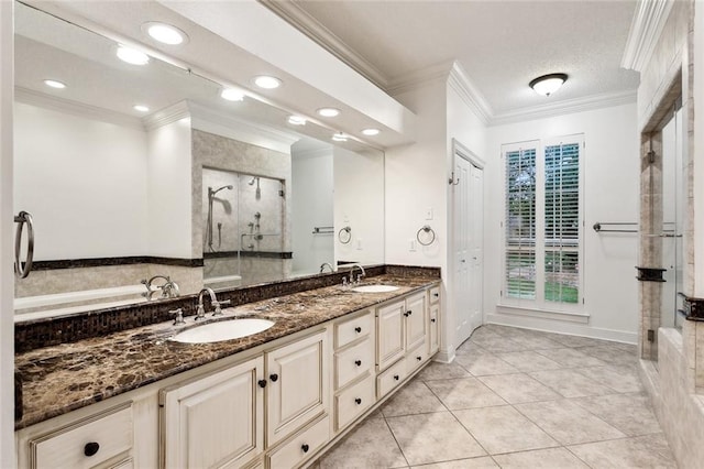 102 Ayshire Ct, Slidell, LA 70461 - bathroom featuring a shower stall, double vanity, ornamental molding, a bath, and recessed lighting