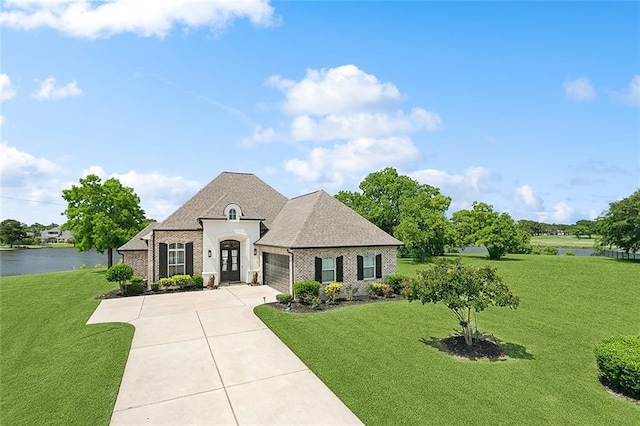 317 E Augusta Ln, Slidell, LA 70458 - french country style house featuring an attached garage, concrete driveway, a front lawn, a water view, and brick siding