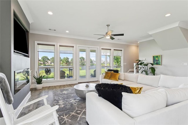 317 E Augusta Ln, Slidell, LA 70458 - living room with crown molding, french doors, a ceiling fan, recessed lighting, and wood finished floors