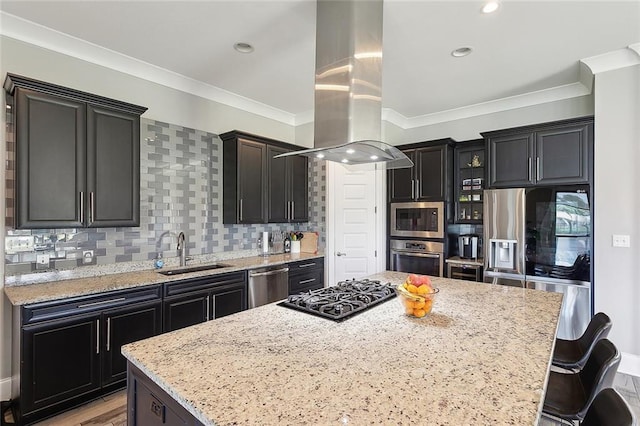 317 E Augusta Ln, Slidell, LA 70458 - kitchen with a sink, stainless steel appliances, island range hood, a center island, and crown molding