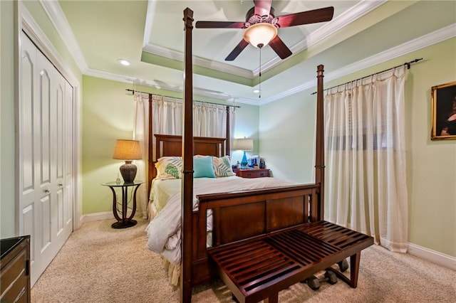 3845 Croydon St, Slidell, LA 70458 - bedroom with ornamental molding, carpet, baseboards, a raised ceiling, and recessed lighting