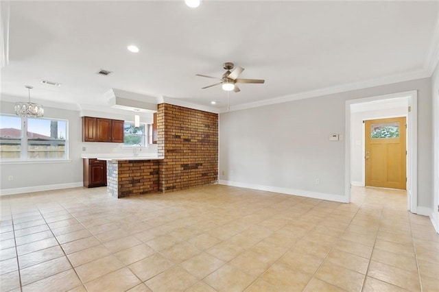 4901 Friar Tuck Dr, New Orleans, LA 70128 - unfurnished living room featuring ceiling fan, ornamental molding, a chandelier, light tile patterned floors, and baseboards
