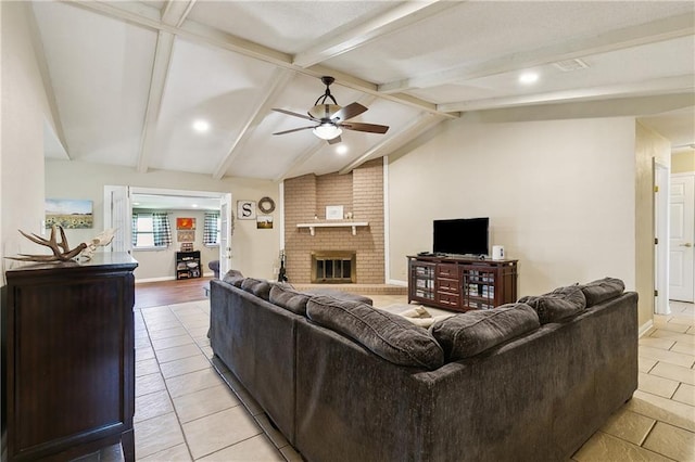 3121 Arbutus Ln, Marrero, LA 70072 - living area featuring ceiling fan, light tile patterned floors, baseboards, a brick fireplace, and recessed lighting