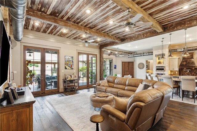 500 Tallow Tree Dr, Madisonville, LA 70447 - living room with french doors, ceiling fan, dark wood-style flooring, wood ceiling with exposed beams, and recessed lighting
