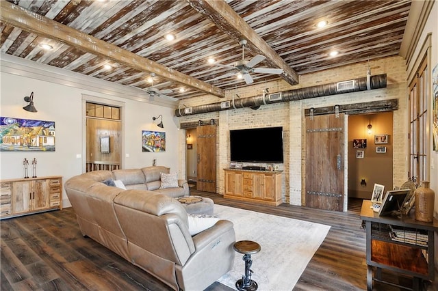 500 Tallow Tree Dr, Madisonville, LA 70447 - living area with dark wood-type flooring, a ceiling fan, wooden ceiling with exposed beams, and recessed lighting