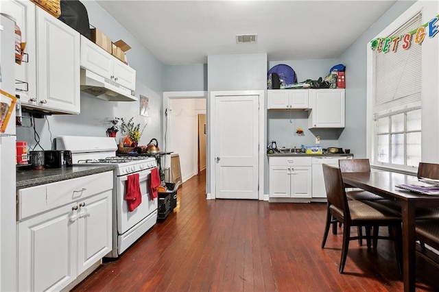 441214 Eden St, New Orleans, LA 70125 - kitchen featuring white appliances, under cabinet range hood, dark countertops, dark wood-style floors, and white cabinetry