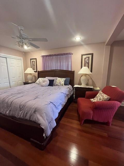5917 Campus Blvd, New Orleans, LA 70126 - bedroom featuring wood finished floors, a closet, a ceiling fan, and recessed lighting