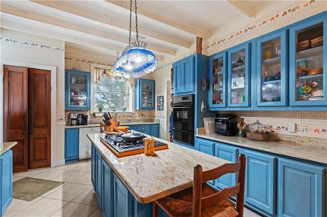 237 Villere Dr, Destrehan, LA 70047 - kitchen featuring blue cabinets, white dishwasher, stovetop with downdraft, beamed ceiling, and light tile patterned floors