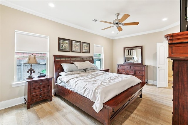 5001 Randolph St, Marrero, LA 70072 - bedroom featuring light wood-type flooring, ornamental molding, baseboards, recessed lighting, and ceiling fan