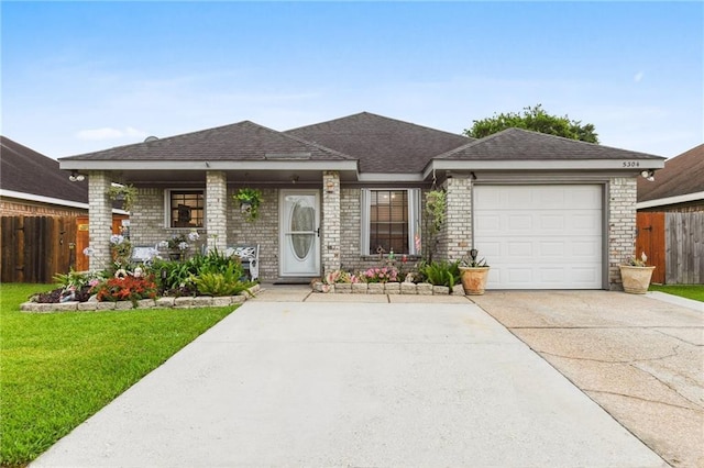 5304 Cross Creek Dr, Marrero, LA 70072 - ranch-style house featuring an attached garage, driveway, brick siding, roof with shingles, and covered porch