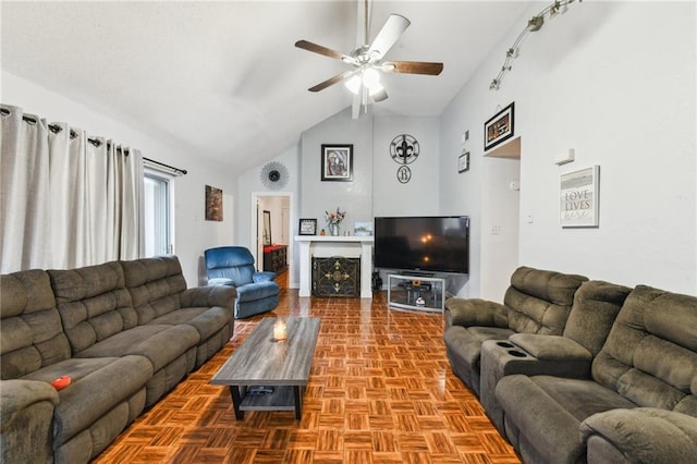 5304 Cross Creek Dr, Marrero, LA 70072 - living room featuring vaulted ceiling and a ceiling fan