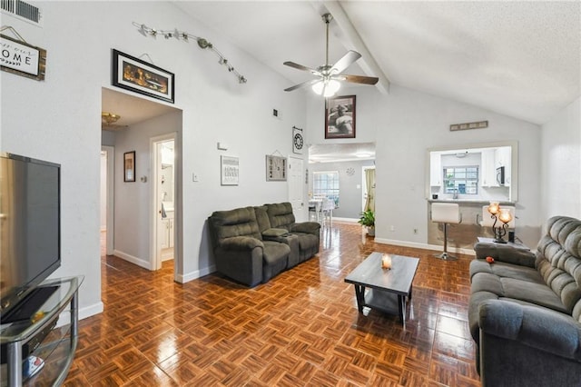 5304 Cross Creek Dr, Marrero, LA 70072 - living room with a ceiling fan, beam ceiling, baseboards, and high vaulted ceiling