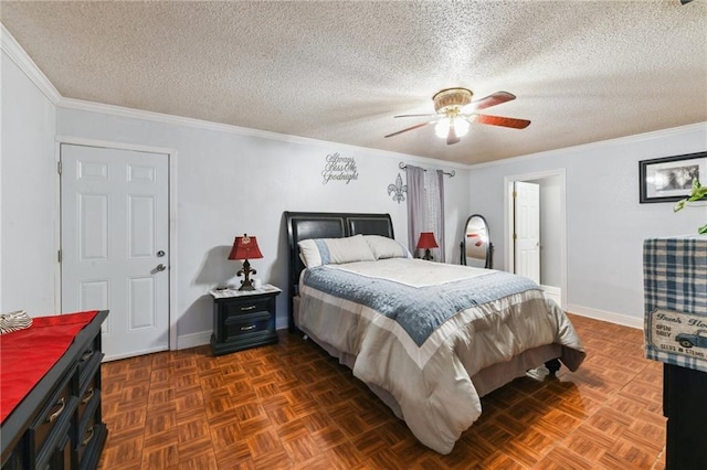 5304 Cross Creek Dr, Marrero, LA 70072 - bedroom featuring a textured ceiling, baseboards, ornamental molding, and a ceiling fan