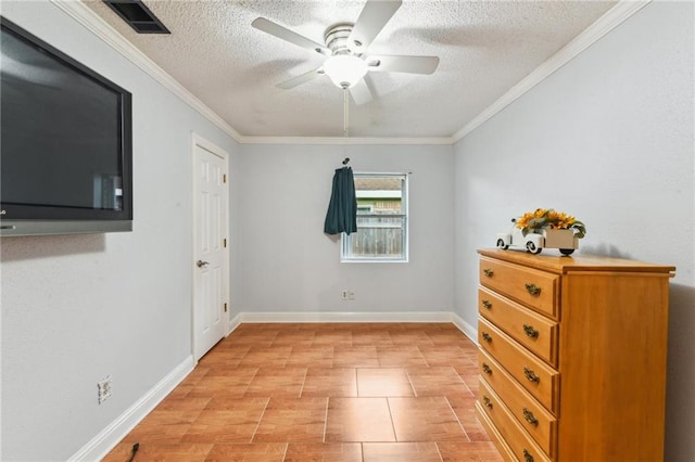 5304 Cross Creek Dr, Marrero, LA 70072 - bedroom featuring a textured ceiling, ornamental molding, ceiling fan, baseboards, and light wood-style floors
