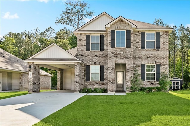 18181 Fox Hollow Loop, Hammond, LA 70401 - view of front facade featuring driveway, brick siding, an attached carport, a front yard, and board and batten siding