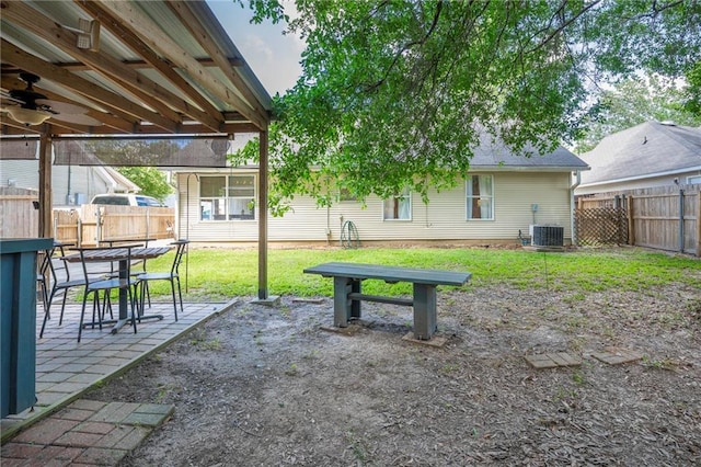 70046 9th St, Covington, LA 70433 - fenced backyard with central AC, a ceiling fan, and a patio area