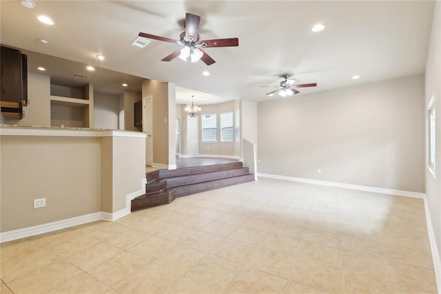 6409 Louis Xiv St, New Orleans, LA 70124 - unfurnished living room featuring a ceiling fan, a chandelier, baseboards, light tile patterned floors, and recessed lighting