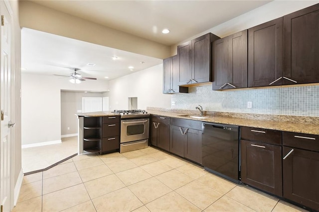 6409 Louis Xiv St, New Orleans, LA 70124 - kitchen with black dishwasher, stainless steel range with gas stovetop, tasteful backsplash, dark brown cabinetry, and recessed lighting