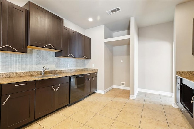6409 Louis Xiv St, New Orleans, LA 70124 - kitchen featuring black dishwasher, a sink, dark brown cabinetry, decorative backsplash, and light stone countertops