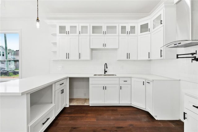 2824 Andover St, Jefferson, LA 70121 - kitchen with wall chimney exhaust hood, open shelves, a sink, a peninsula, and crown molding