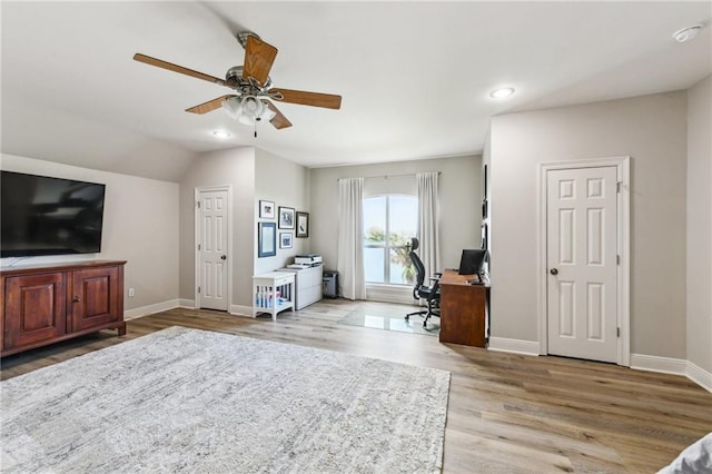 983 Lakeshore Blvd, Slidell, LA 70461 - home office featuring a ceiling fan, baseboards, wood finished floors, recessed lighting, and lofted ceiling