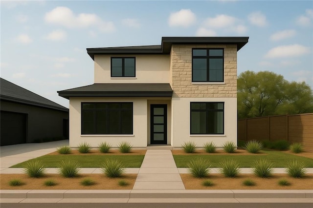 5871 Argonne Blvd, New Orleans, LA 70124 - contemporary home featuring stucco siding, stone siding, and driveway