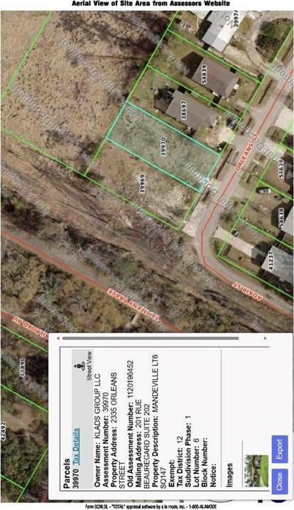 2335 Orleans St, Mandeville, LA 70448 - aerial overview of property's location with property boundaries highlighted