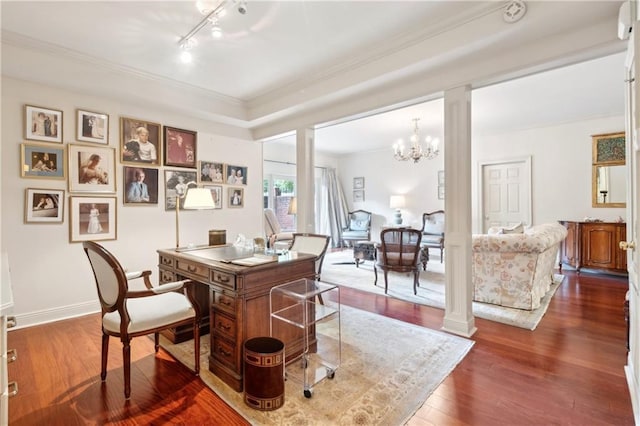 801 Rue Burgundy St Unit 113, Metairie, LA 70005 - office space with a chandelier, decorative columns, wood finished floors, ornamental molding, and track lighting