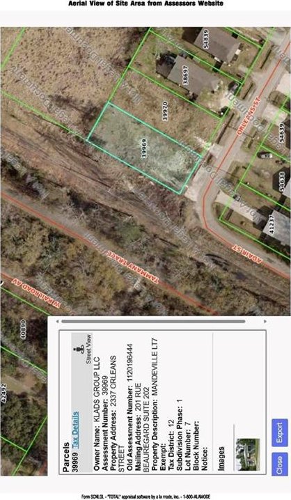 2337 Orleans St, Mandeville, LA 70448 - aerial overview of property's location featuring property parcel outlined