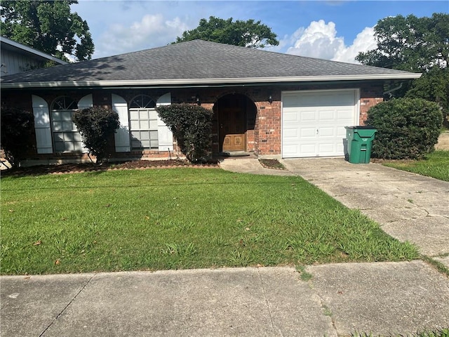 4813 Lake Como Ave, Metairie, LA 70006 - ranch-style house with concrete driveway, a front lawn, an attached garage, brick siding, and roof with shingles