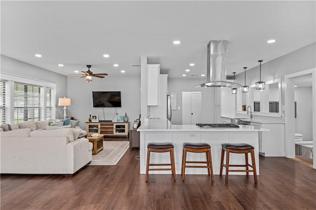 7599 Park Ave, Houma, LA 70364 - kitchen featuring a peninsula, island exhaust hood, white cabinets, open floor plan, and a kitchen breakfast bar