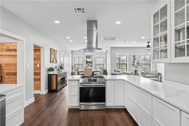 7599 Park Ave, Houma, LA 70364 - kitchen featuring stainless steel gas range oven, island range hood, recessed lighting, dark wood-type flooring, and glass insert cabinets