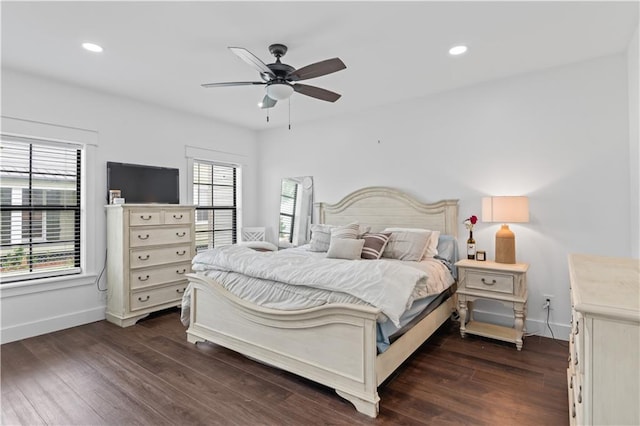 7599 Park Ave, Houma, LA 70364 - bedroom featuring baseboards, dark wood-style flooring, recessed lighting, and a ceiling fan