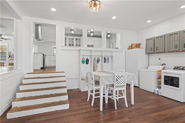 7599 Park Ave, Houma, LA 70364 - dining space featuring independent washer and dryer, stairway, dark wood finished floors, recessed lighting, and a ceiling fan